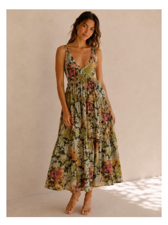 Free People Dresses & Skirts - Free People Green Multi Floral Tiered V-Neck Maxi Dress